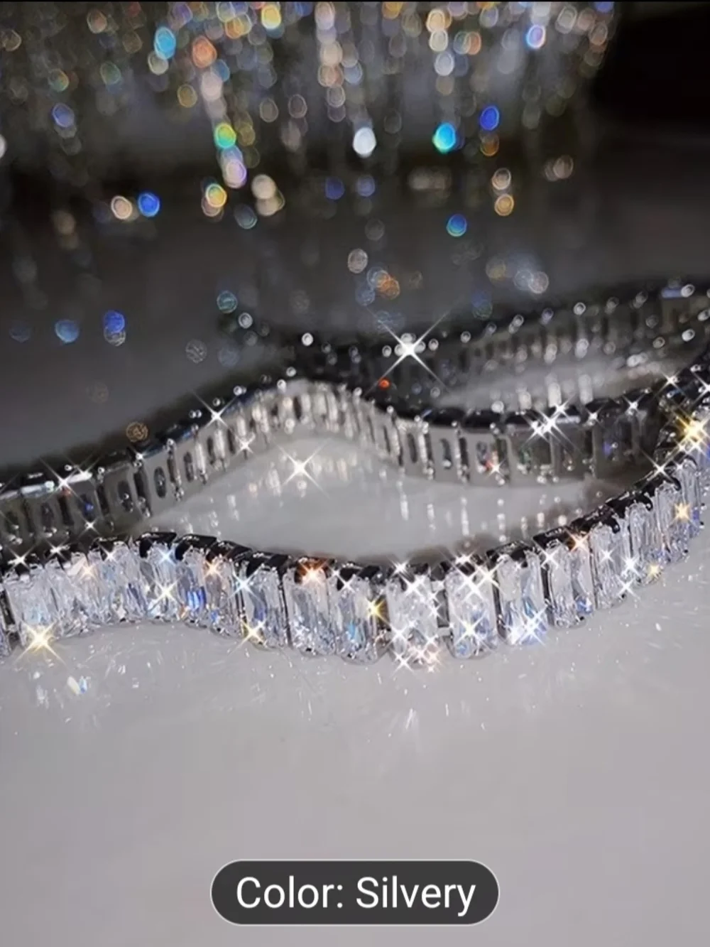 Silver Crystal Baguette Tennis Necklace - Women's Sparkling Jewelry - Picture 4 of 11